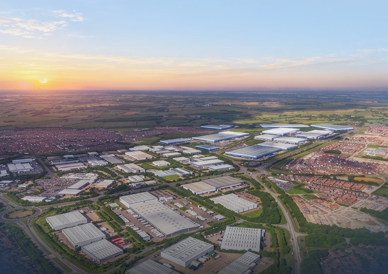 Aerial view at sunset over Brinklow and Magna Park, Milton Keynes. Milton Keynes 111 is outlined in yellow on Brudenell Drive by Groveway, with neighbouring occupiers labelled: Tesco, Royal Mail, Waitrose, IFCO, Reedbut Group, Culina, GXO, John Lewis & Partners, Amazon and H&M. Arrows show Milton Keynes Central 12 minutes, Northampton 30 minutes and the M1 9 minutes; Standing Way, Tongwell Street and the Brinklow roundabout are marked